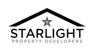 a business logo for a construction company called starlight property developers. the logo will have a simple black roof with a star below the roof
